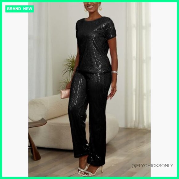 Sequin 2 Piece Outfit Cap Sleeve Versatile Dressy Sparkle Pants Set - Picture 3 of 7